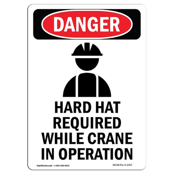OSHA Danger Sign, Hard Hat Required, 14in X 10in Aluminum, 10" W, 14" H, Portrait